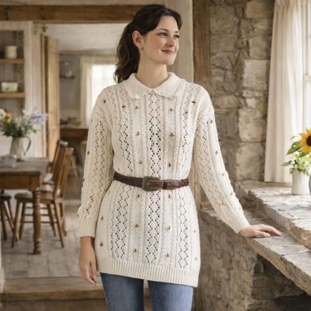 Vtg Liz Claiborne Cream Embroidered Pointelle Polo Sweater Dress Tunic S 90s
